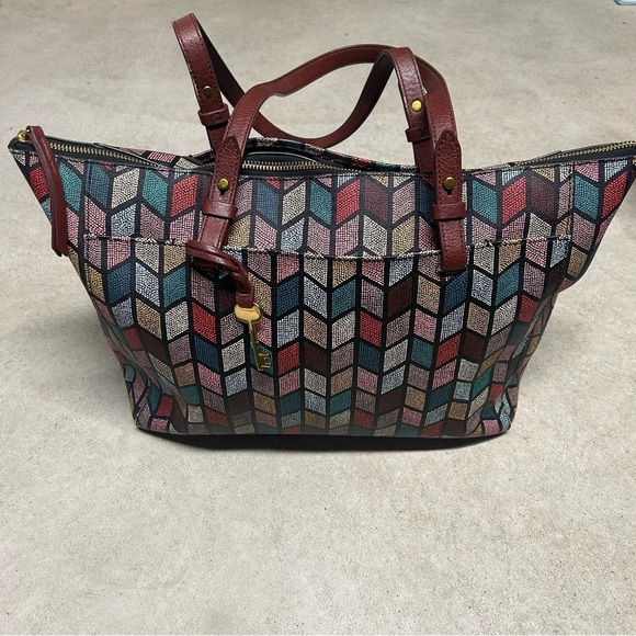 Fossil Women's Rachel Large Tote Bag Multicolor Chevron Zipper Top - Picture 2 of 14